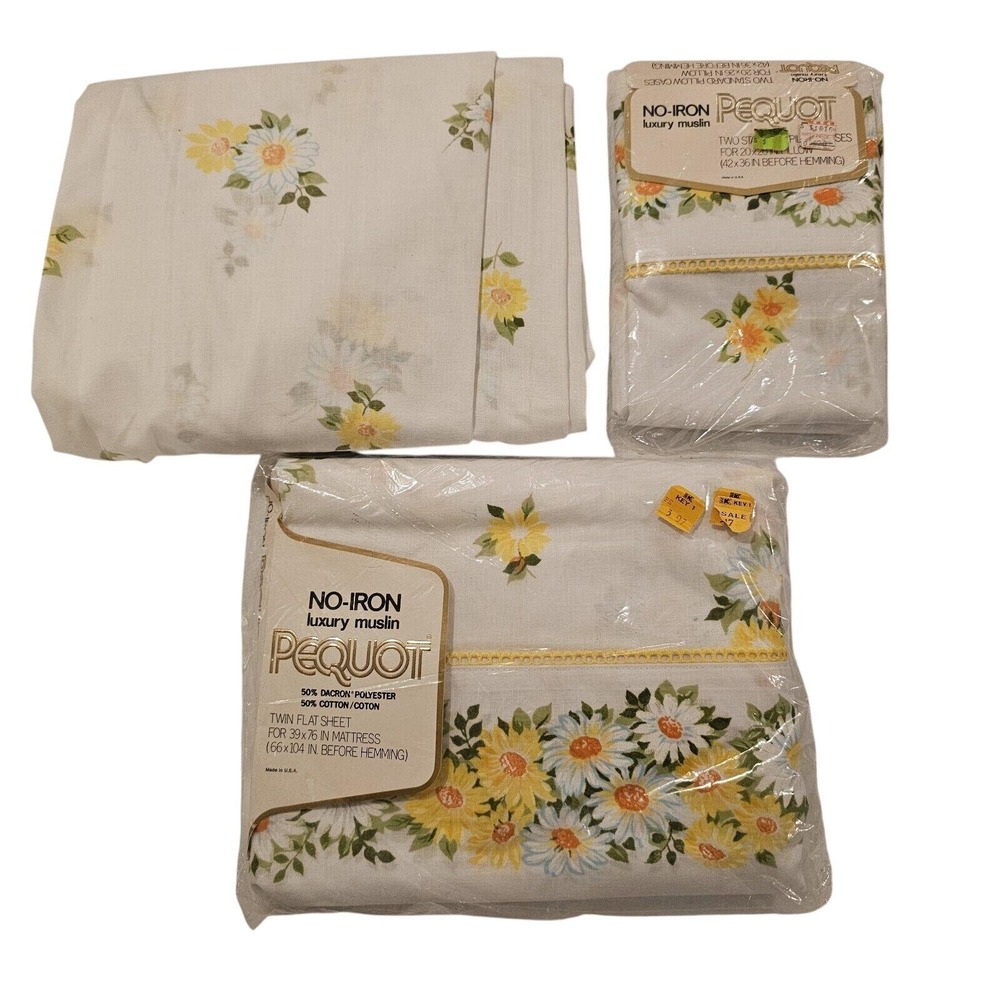 Vintage Pequot Maytime Twin Flat Sheet & 2 Pillowcases Set Yellow Daisy Floral